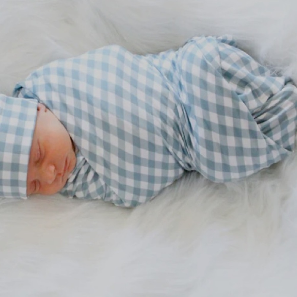 DAWSON SWADDLE by BABY RAE!Cute blue/white check swaddle blanket w/FREE headband